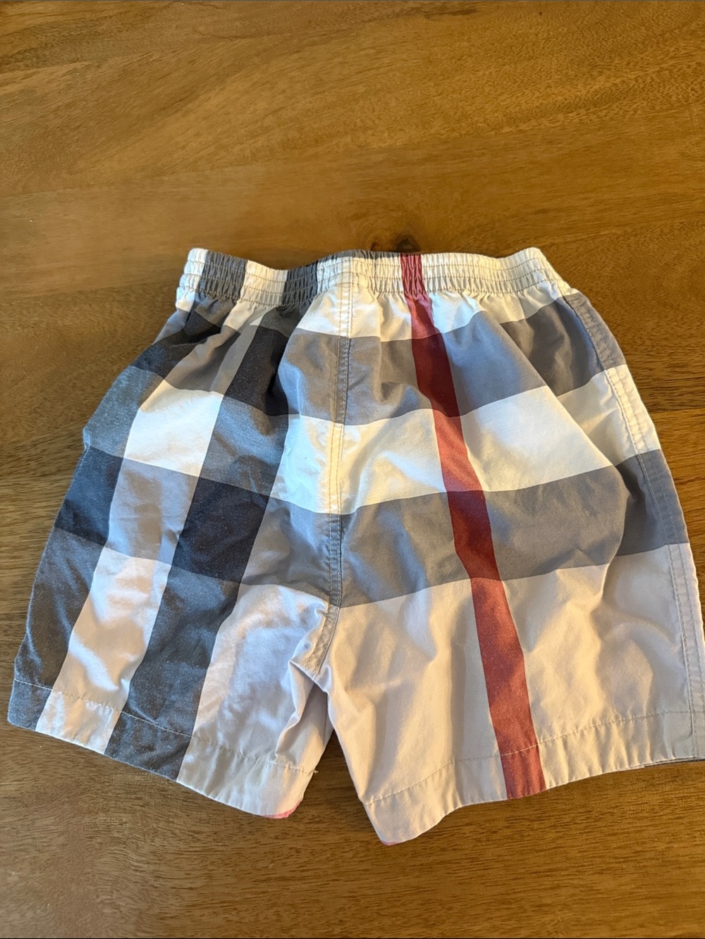 Burberry Boys Plaid Swim Trunks in Navy, White & Red Stripe like new! - Picture 2 of 3